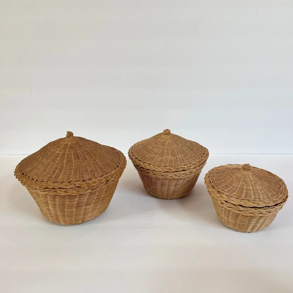 Vintage Wicker Nesting Baskets with Lids Set of 3 Natural Rattan Storage